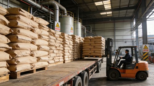 工厂装车现场的造纸纤维素产品托盘