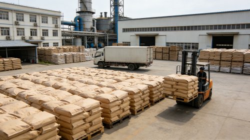 工厂装车现场，工业级羧甲基纤维素(CMC)整齐堆放待发货