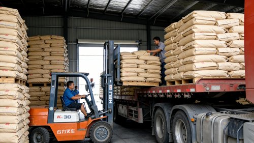 工厂叉车搬运胶粘剂用CMC产品装车过程