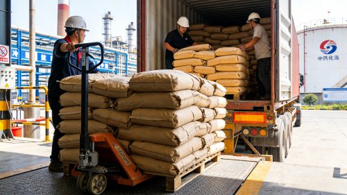 造纸级羧甲基纤维素钠成品在工厂厂区装车发货现场