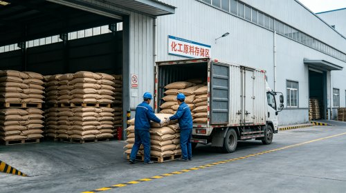 高透CMC源头工厂仓库，叉车向货车装载高透明羧甲基纤维素钠，高取代度均匀取代低盐低杂质溶液清澈透亮