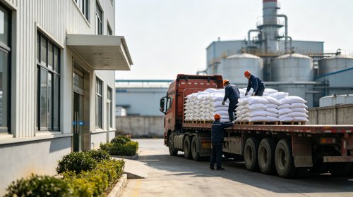 工人正在货车上码放整齐的精细CMC，取代均匀性高批次粘度稳定氯化钠含量极低，溶液清澈透亮无纤维残留