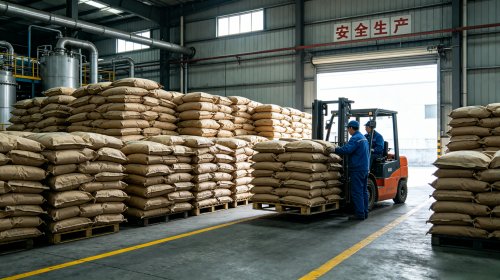 HPMC源头工厂仓库，叉车正在向货车装载羟丙基甲基纤维素，仓库常备深度库存确保下单即装车