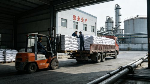 工人正在货车上码放整齐的日化级CMC，高取代均匀低盐分溶液清澈透亮，与阴离子非离子表活相容性稳定