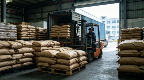 CMC高粘度源头工厂仓库，叉车向货车装载高粘度羧甲基纤维素钠，长分子链网络致密，保水与悬浮能力远超中低粘产品