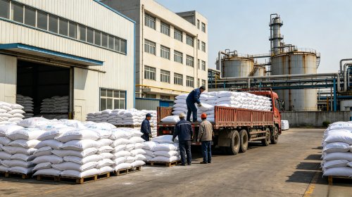 工人正在货车上码放整齐的电池级CMC，高纯度极低金属异物取代高度均匀，铁含量严控保障电芯安全